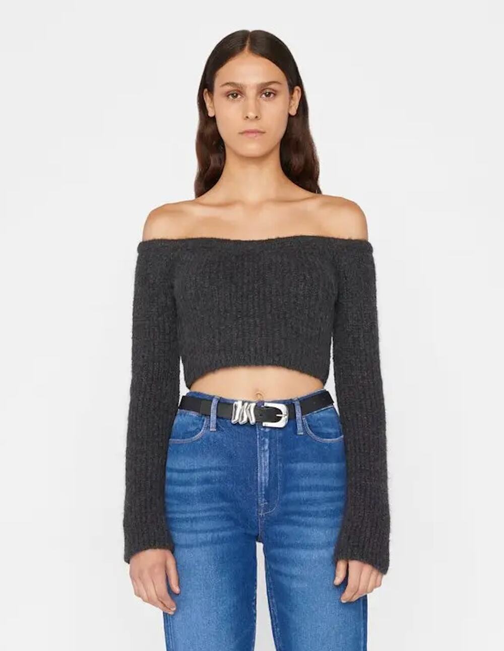 NWOT Frame Cropped Bare Shoulder Sweater In Charcoal Size S